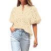 imageBTFBM Womens Casual Summer Blouse 2025 Hollow Out Eyelet Embroidery Tops V Neck Buttons Puff Short Sleeve Boho ShirtsSolid Beige