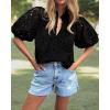 imageBTFBM Womens Casual Summer Blouse 2025 Hollow Out Eyelet Embroidery Tops V Neck Buttons Puff Short Sleeve Boho ShirtsSolid Black