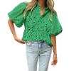 imageBTFBM Womens Casual Summer Blouse 2025 Hollow Out Eyelet Embroidery Tops V Neck Buttons Puff Short Sleeve Boho ShirtsSolid Green