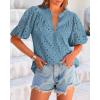 imageBTFBM Womens Casual Summer Blouse 2025 Hollow Out Eyelet Embroidery Tops V Neck Buttons Puff Short Sleeve Boho ShirtsSolid Grey Blue