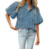 imageBTFBM Womens Casual Summer Blouse 2025 Hollow Out Eyelet Embroidery Tops V Neck Buttons Puff Short Sleeve Boho ShirtsSolid Grey Blue