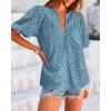 imageBTFBM Womens Casual Summer Blouse 2025 Hollow Out Eyelet Embroidery Tops V Neck Buttons Puff Short Sleeve Boho ShirtsSolid Grey Blue