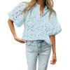 imageBTFBM Womens Casual Summer Blouse 2025 Hollow Out Eyelet Embroidery Tops V Neck Buttons Puff Short Sleeve Boho ShirtsSolid Light Blue