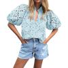 imageBTFBM Womens Casual Summer Blouse 2025 Hollow Out Eyelet Embroidery Tops V Neck Buttons Puff Short Sleeve Boho ShirtsSolid Light Blue
