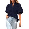 imageBTFBM Womens Casual Summer Blouse 2025 Hollow Out Eyelet Embroidery Tops V Neck Buttons Puff Short Sleeve Boho ShirtsSolid Navy