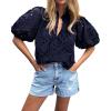 imageBTFBM Womens Casual Summer Blouse 2025 Hollow Out Eyelet Embroidery Tops V Neck Buttons Puff Short Sleeve Boho ShirtsSolid Navy