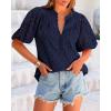imageBTFBM Womens Casual Summer Blouse 2025 Hollow Out Eyelet Embroidery Tops V Neck Buttons Puff Short Sleeve Boho ShirtsSolid Navy