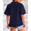 imageBTFBM Womens Casual Summer Blouse 2025 Hollow Out Eyelet Embroidery Tops V Neck Buttons Puff Short Sleeve Boho ShirtsSolid Navy