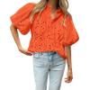 imageBTFBM Womens Casual Summer Blouse 2025 Hollow Out Eyelet Embroidery Tops V Neck Buttons Puff Short Sleeve Boho ShirtsSolid Orange
