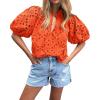 imageBTFBM Womens Casual Summer Blouse 2025 Hollow Out Eyelet Embroidery Tops V Neck Buttons Puff Short Sleeve Boho ShirtsSolid Orange