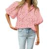 imageBTFBM Womens Casual Summer Blouse 2025 Hollow Out Eyelet Embroidery Tops V Neck Buttons Puff Short Sleeve Boho ShirtsSolid Pink