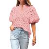 imageBTFBM Womens Casual Summer Blouse 2025 Hollow Out Eyelet Embroidery Tops V Neck Buttons Puff Short Sleeve Boho ShirtsSolid Pink