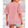 imageBTFBM Womens Casual Summer Blouse 2025 Hollow Out Eyelet Embroidery Tops V Neck Buttons Puff Short Sleeve Boho ShirtsSolid Pink