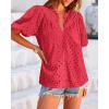 imageBTFBM Womens Casual Summer Blouse 2025 Hollow Out Eyelet Embroidery Tops V Neck Buttons Puff Short Sleeve Boho ShirtsSolid Red