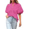 imageBTFBM Womens Casual Summer Blouse 2025 Hollow Out Eyelet Embroidery Tops V Neck Buttons Puff Short Sleeve Boho ShirtsSolid Rose Pink