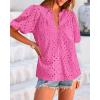 imageBTFBM Womens Casual Summer Blouse 2025 Hollow Out Eyelet Embroidery Tops V Neck Buttons Puff Short Sleeve Boho ShirtsSolid Rose Pink
