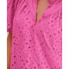 imageBTFBM Womens Casual Summer Blouse 2025 Hollow Out Eyelet Embroidery Tops V Neck Buttons Puff Short Sleeve Boho ShirtsSolid Rose Pink