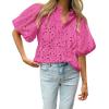 imageBTFBM Womens Casual Summer Blouse 2025 Hollow Out Eyelet Embroidery Tops V Neck Buttons Puff Short Sleeve Boho ShirtsSolid Rose Pink