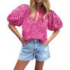 imageBTFBM Womens Casual Summer Blouse 2025 Hollow Out Eyelet Embroidery Tops V Neck Buttons Puff Short Sleeve Boho ShirtsSolid Rose Pink