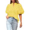 imageBTFBM Womens Casual Summer Blouse 2025 Hollow Out Eyelet Embroidery Tops V Neck Buttons Puff Short Sleeve Boho ShirtsSolid Yellow