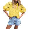 imageBTFBM Womens Casual Summer Blouse 2025 Hollow Out Eyelet Embroidery Tops V Neck Buttons Puff Short Sleeve Boho ShirtsSolid Yellow