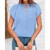 imageBTFBM Womens Casual Tops Dressy Summer Outfits 2025 Puff Short Sleeve Blouse Ruffle Neck Business Work Button Down ShirtBlue