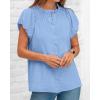 imageBTFBM Womens Casual Tops Dressy Summer Outfits 2025 Puff Short Sleeve Blouse Ruffle Neck Business Work Button Down ShirtBlue