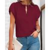 imageBTFBM Womens Casual Tops Dressy Summer Outfits 2025 Puff Short Sleeve Blouse Ruffle Neck Business Work Button Down ShirtWine Red