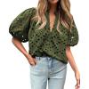 imageBTFBM Womens Casual Summer Blouse 2025 Hollow Out Eyelet Embroidery Tops V Neck Buttons Puff Short Sleeve Boho ShirtsSolid Army Green
