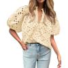 imageBTFBM Womens Casual Summer Blouse 2025 Hollow Out Eyelet Embroidery Tops V Neck Buttons Puff Short Sleeve Boho ShirtsSolid Beige