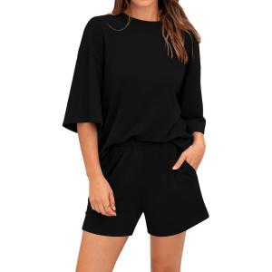imageBTFBM Women Summer 2 Piece Outfits 2025 Spring Matching Set Short Sleeve Tops Elastic Waist Shorts Lounge Sets PocketBlack