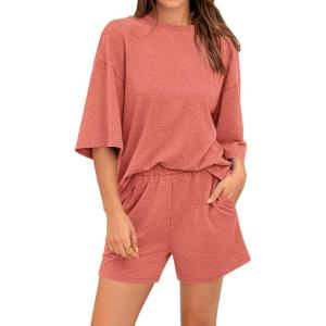 imageBTFBM Women Summer 2 Piece Outfits 2025 Spring Matching Set Short Sleeve Tops Elastic Waist Shorts Lounge Sets PocketDusty Pink