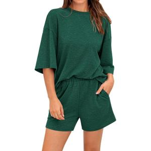imageBTFBM Women Summer 2 Piece Outfits 2025 Spring Matching Set Short Sleeve Tops Elastic Waist Shorts Lounge Sets PocketGreen