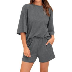 imageBTFBM Women Summer 2 Piece Outfits 2025 Spring Matching Set Short Sleeve Tops Elastic Waist Shorts Lounge Sets PocketGrey