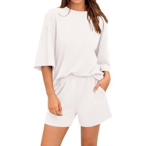 imageBTFBM Women Summer 2 Piece Outfits 2025 Spring Matching Set Short Sleeve Tops Elastic Waist Shorts Lounge Sets PocketWhite