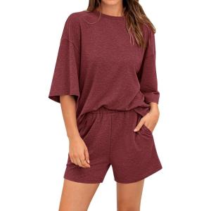 imageBTFBM Women Summer 2 Piece Outfits 2025 Spring Matching Set Short Sleeve Tops Elastic Waist Shorts Lounge Sets PocketWine Red