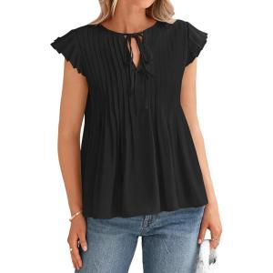 imageBTFBM Women Summer Casual Shirt 2025 Resort Outfits Ruffle Cap Sleeve Front Bow Tie Tops Loose Flowy Beach Blouse ShirtsBlack