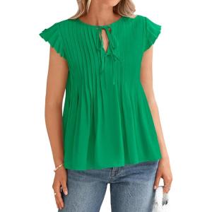 imageBTFBM Women Summer Casual Shirt 2025 Resort Outfits Ruffle Cap Sleeve Front Bow Tie Tops Loose Flowy Beach Blouse ShirtsGreen