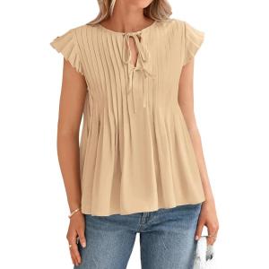 imageBTFBM Women Summer Casual Shirt 2025 Resort Outfits Ruffle Cap Sleeve Front Bow Tie Tops Loose Flowy Beach Blouse ShirtsKhaki
