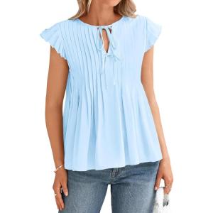 imageBTFBM Women Summer Casual Shirt 2025 Resort Outfits Ruffle Cap Sleeve Front Bow Tie Tops Loose Flowy Beach Blouse ShirtsLight Blue