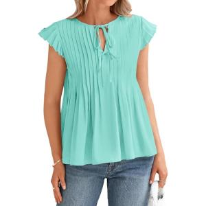imageBTFBM Women Summer Casual Shirt 2025 Resort Outfits Ruffle Cap Sleeve Front Bow Tie Tops Loose Flowy Beach Blouse ShirtsMint Green