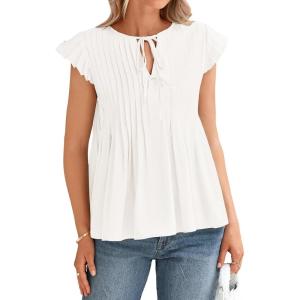 imageBTFBM Women Summer Casual Shirt 2025 Resort Outfits Ruffle Cap Sleeve Front Bow Tie Tops Loose Flowy Beach Blouse ShirtsWhite