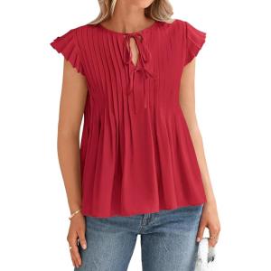 imageBTFBM Women Summer Casual Shirt 2025 Resort Outfits Ruffle Cap Sleeve Front Bow Tie Tops Loose Flowy Beach Blouse ShirtsWine Red