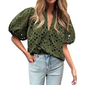imageBTFBM Womens Casual Summer Blouse 2025 Hollow Out Eyelet Embroidery Tops V Neck Buttons Puff Short Sleeve Boho ShirtsSolid Army Green