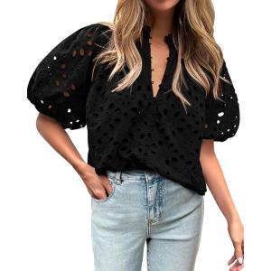 imageBTFBM Womens Casual Summer Blouse 2025 Hollow Out Eyelet Embroidery Tops V Neck Buttons Puff Short Sleeve Boho ShirtsSolid Black