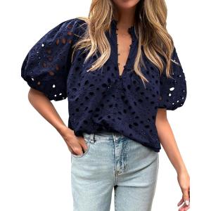 imageBTFBM Womens Casual Summer Blouse 2025 Hollow Out Eyelet Embroidery Tops V Neck Buttons Puff Short Sleeve Boho ShirtsSolid Navy