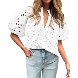 imageBTFBM Womens Casual Summer Blouse 2025 Hollow Out Eyelet Embroidery Tops V Neck Buttons Puff Short Sleeve Boho ShirtsSolid White