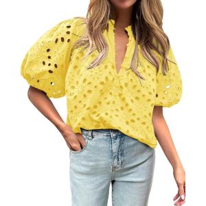 imageBTFBM Womens Casual Summer Blouse 2025 Hollow Out Eyelet Embroidery Tops V Neck Buttons Puff Short Sleeve Boho ShirtsSolid Yellow