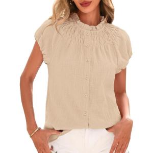 imageBTFBM Womens Casual Tops Dressy Summer Outfits 2025 Puff Short Sleeve Blouse Ruffle Neck Business Work Button Down ShirtApricot