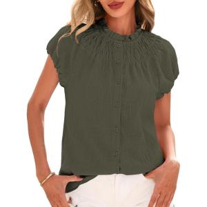imageBTFBM Womens Casual Tops Dressy Summer Outfits 2025 Puff Short Sleeve Blouse Ruffle Neck Business Work Button Down ShirtArmy Green